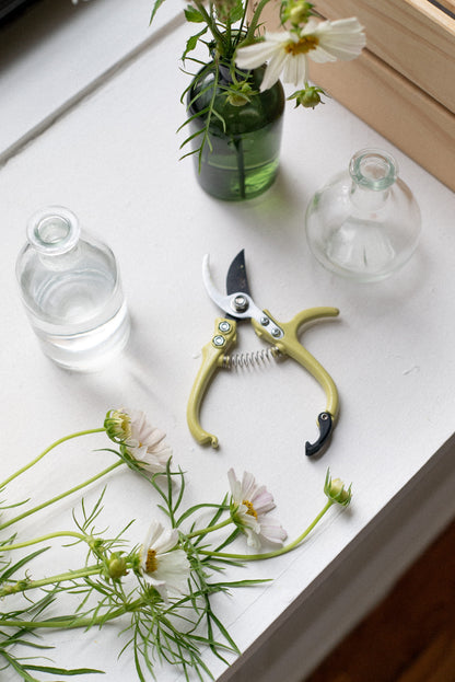 A pair of green-handled pruning shears lies on a white tabletop, surrounded by small clear glass bottles, a green glass vase with white flowers, and loose white cosmos.